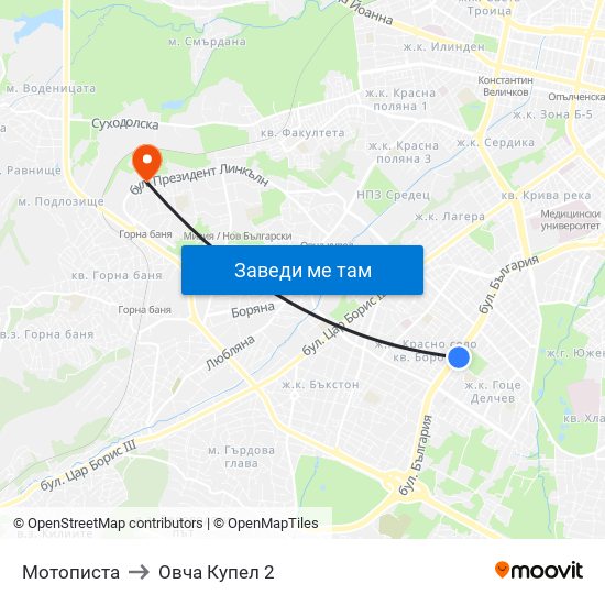 Мотописта to Овча Купел 2 map