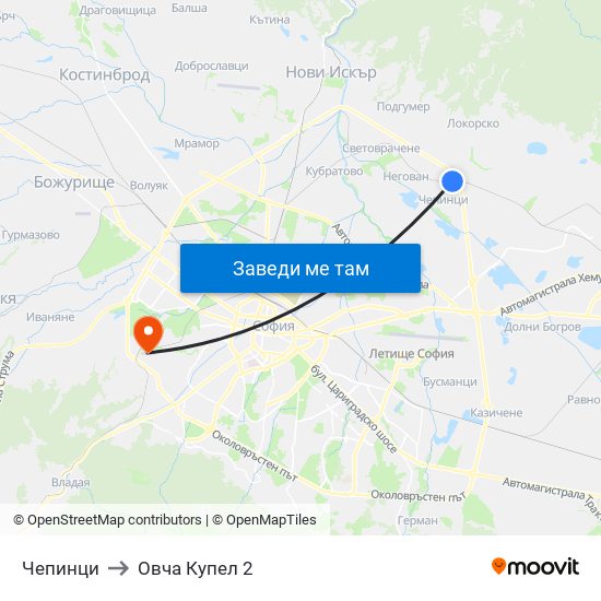 Чепинци to Овча Купел 2 map