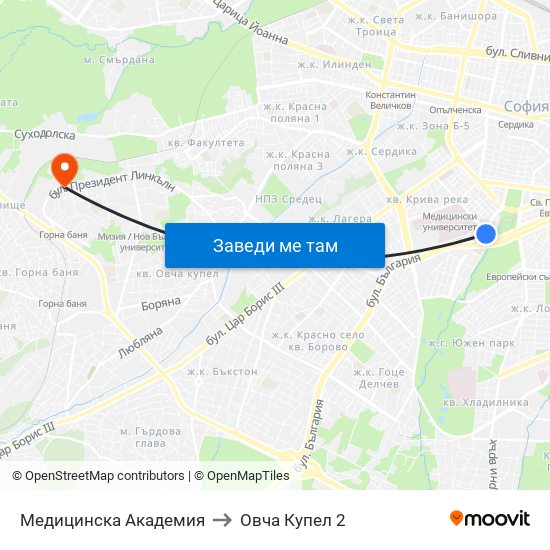 Медицинска Академия to Овча Купел 2 map
