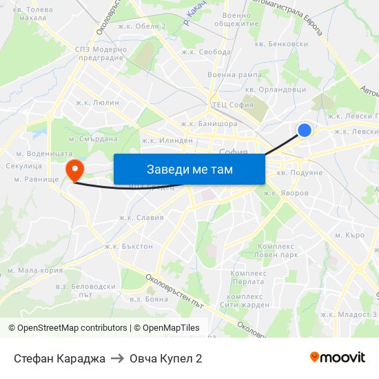 Стефан Караджа to Овча Купел 2 map