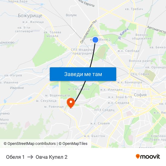 Обеля 1 to Овча Купел 2 map