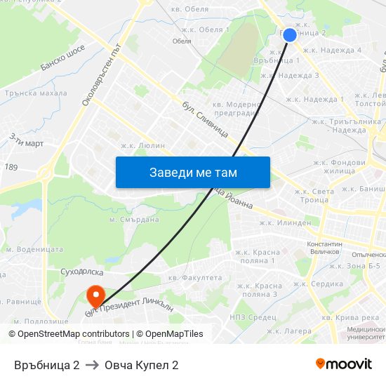 Връбница 2 to Овча Купел 2 map