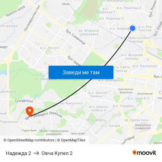 Надежда 2 to Овча Купел 2 map