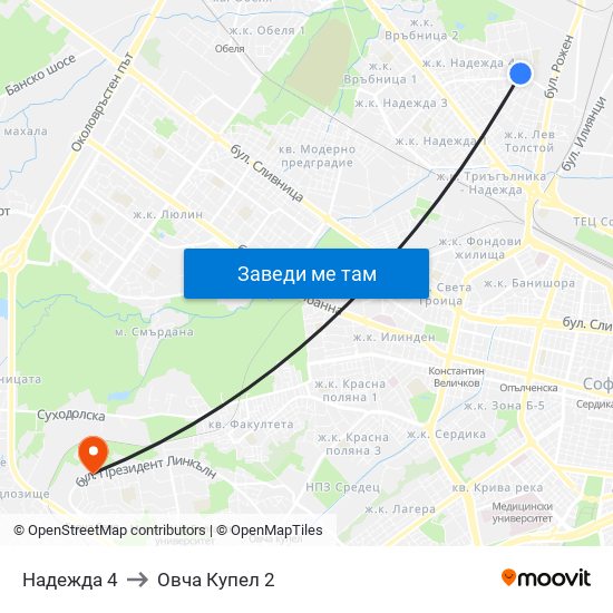 Надежда 4 to Овча Купел 2 map