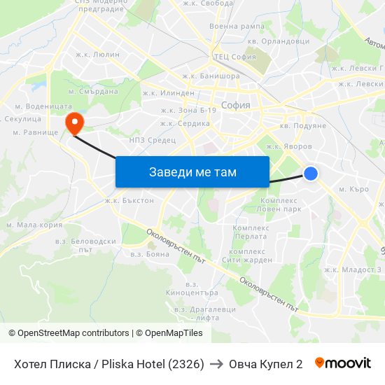 Хотел Плиска / Pliska Hotel (2326) to Овча Купел 2 map