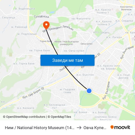 Ним / National History Museum (1464) to Овча Купел 2 map