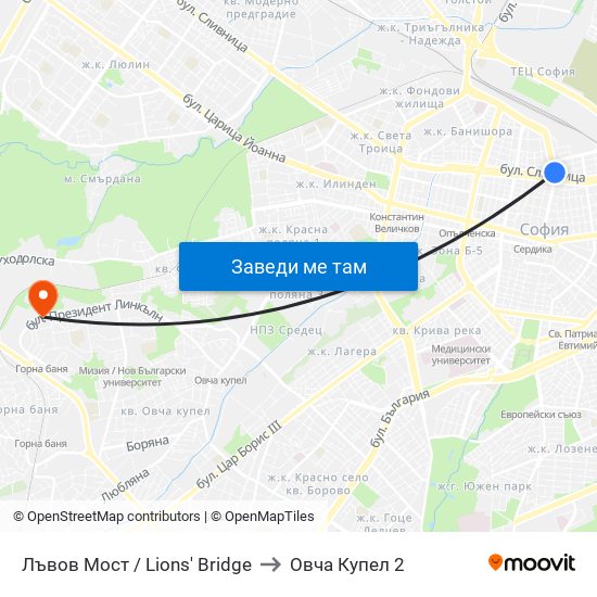 Лъвов Мост / Lions' Bridge to Овча Купел 2 map