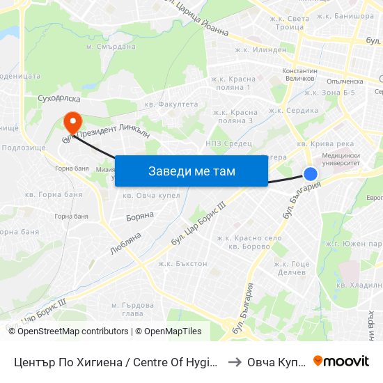 Център По Хигиена / Centre Of Hygiene (2343) to Овча Купел 2 map