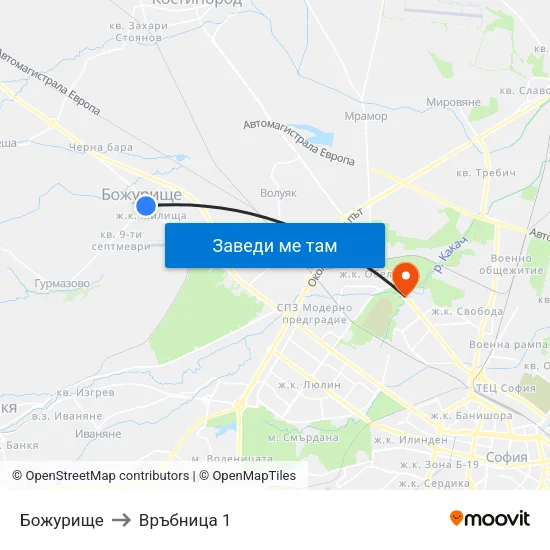 Божурище to Връбница 1 map