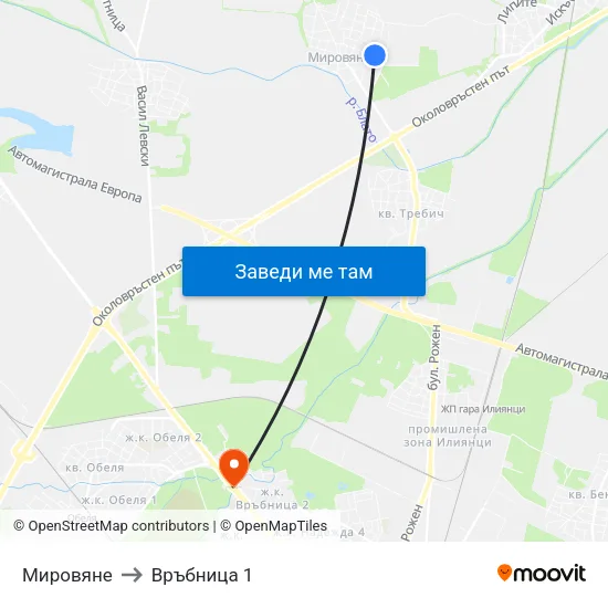 Мировяне to Връбница 1 map