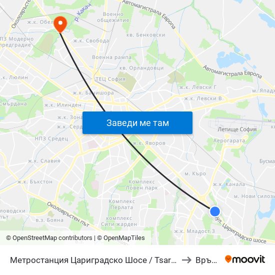 Метростанция Цариградско Шосе / Tsarigradsko Shosse Metro Station (1016) to Връбница 1 map