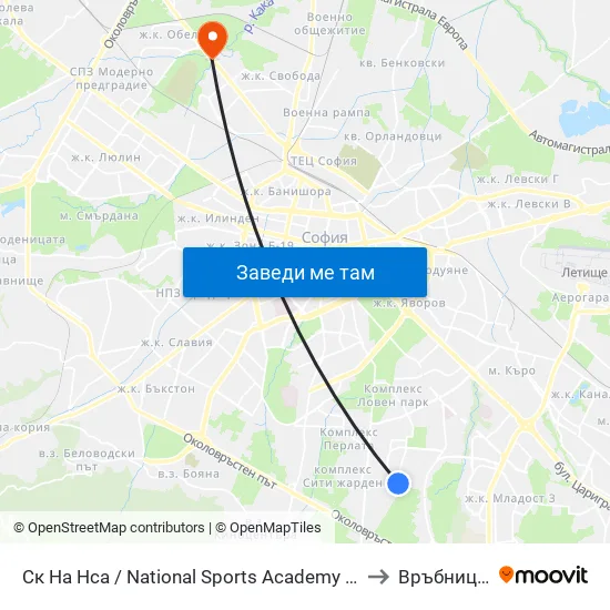 Ск На Нса / National Sports Academy (1609) to Връбница 1 map