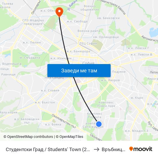 Студентски Град / Students' Town (2382) to Връбница 1 map