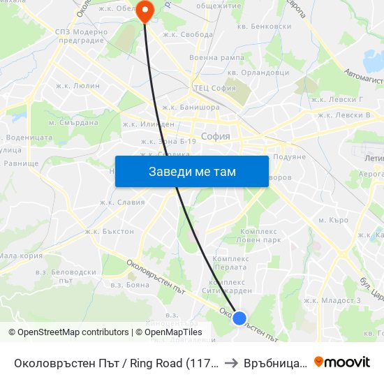 Околовръстен Път / Ring Road (1175) to Връбница 1 map