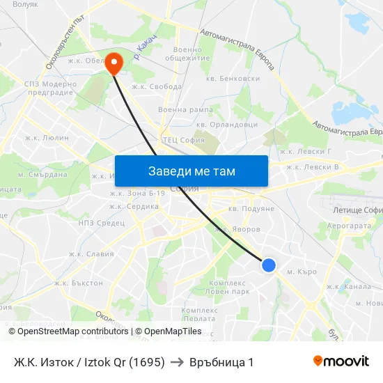 🎓 Ж.К. Изток / Iztok Qr (1695) to Връбница 1 map