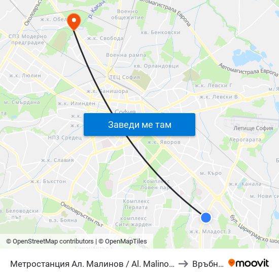 Метростанция Ал. Малинов / Al. Malinov Metro Station (0170) to Връбница 1 map