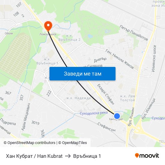 Хан Кубрат / Han Kubrat to Връбница 1 map