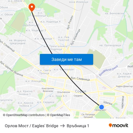 Орлов Мост / Eagles' Bridge to Връбница 1 map
