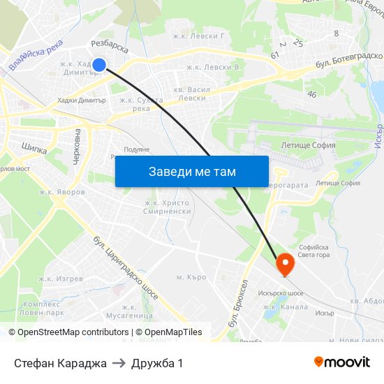 Стефан Караджа to Дружба 1 map