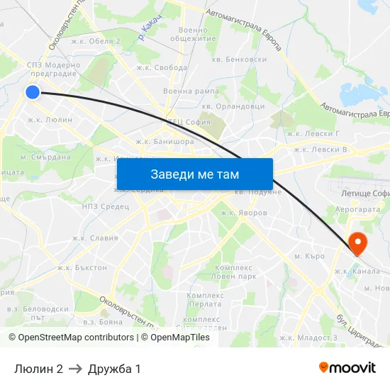 Люлин 2 to Дружба 1 map
