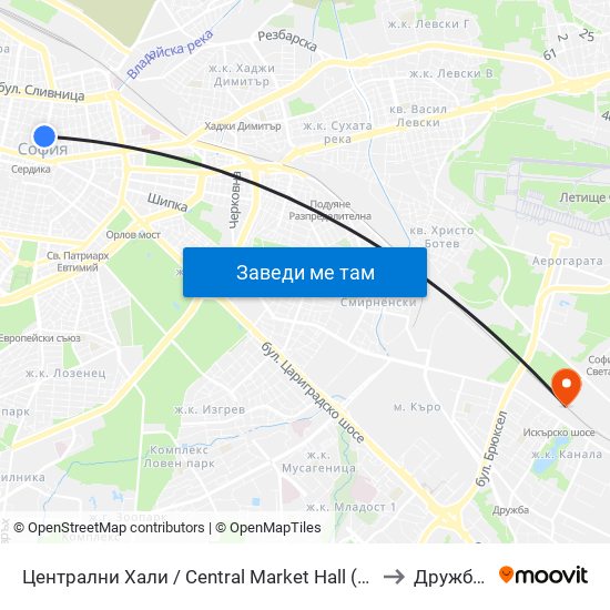 Централни Хали / Central Market Hall (2337) to Дружба 1 map