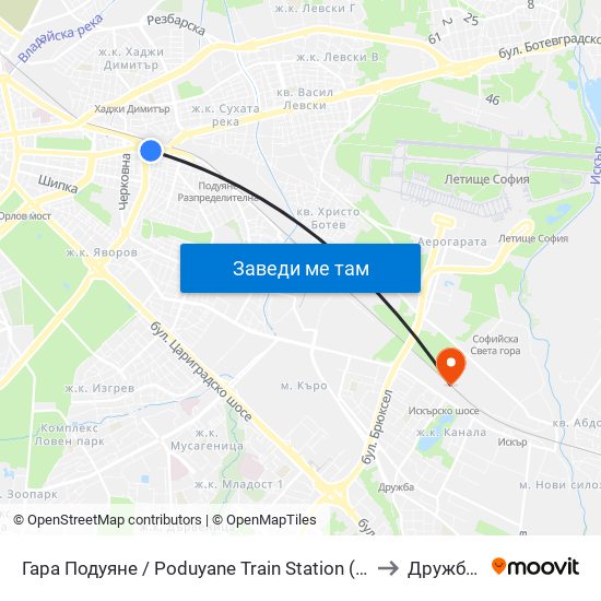 Гара Подуяне / Poduyane Train Station (0466) to Дружба 1 map