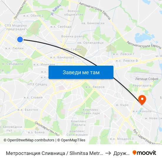 Ⓜ️ Метростанция Сливница / Slivnitsa Metro Station (1063) to Дружба 1 map