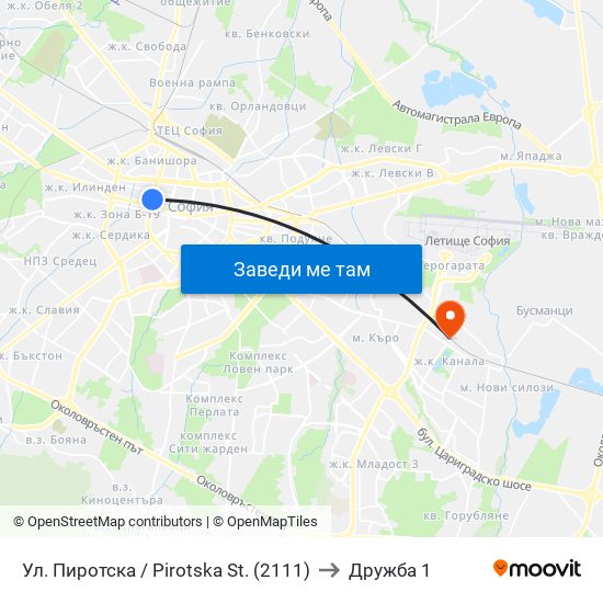 Ул. Пиротска / Pirotska St. (2111) to Дружба 1 map