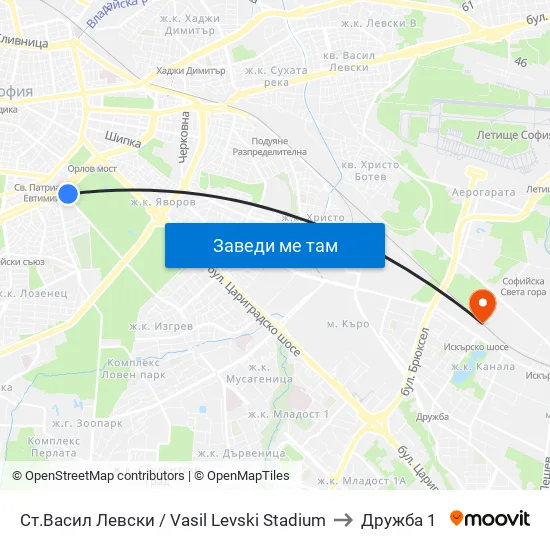 Стадион Васил Левски / Vasil Levski Stadium to Дружба 1 map