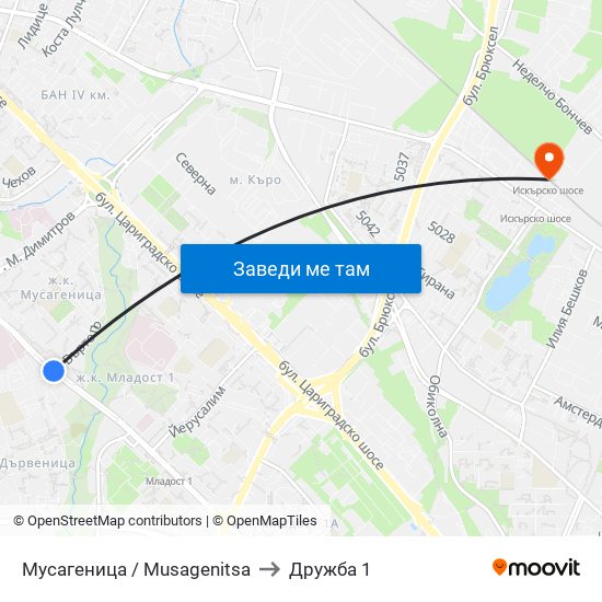 Мусагеница /  Musagenitsa to Дружба 1 map