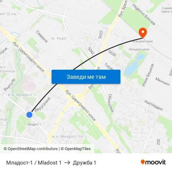 Младост 1 / Mladost 1 to Дружба 1 map