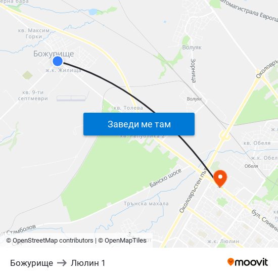 Божурище to Люлин 1 map