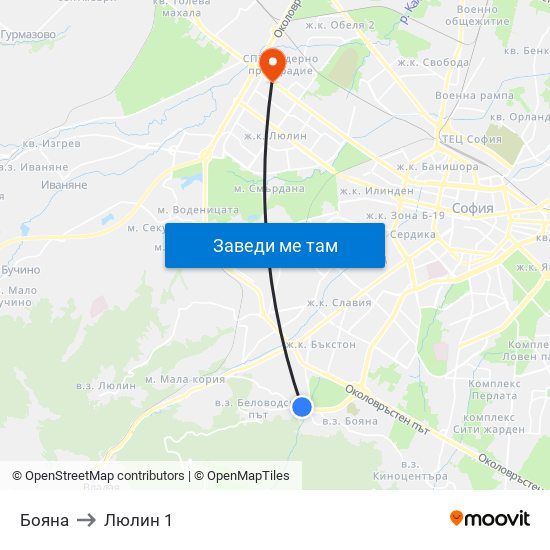 Бояна to Люлин 1 map