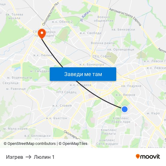 Изгрев to Люлин 1 map