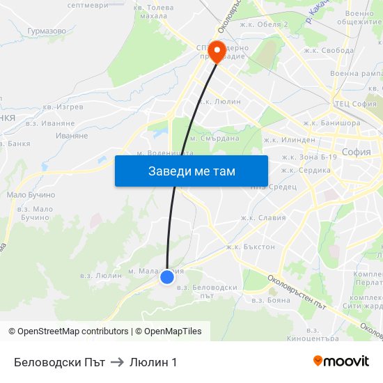 Беловодски Път to Люлин 1 map