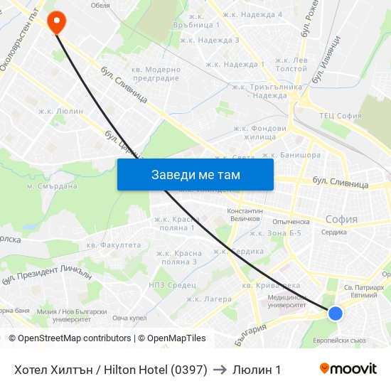 Хотел Хилтън / Hilton Hotel (0397) to Люлин 1 map