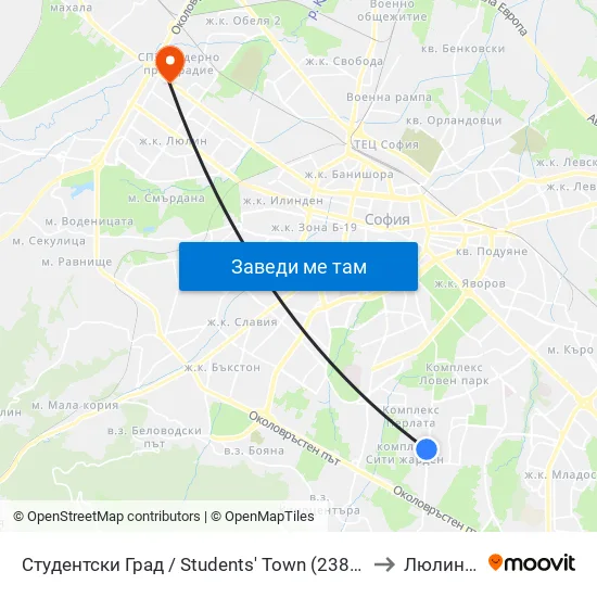 Студентски Град / Students' Town (2382) to Люлин 1 map