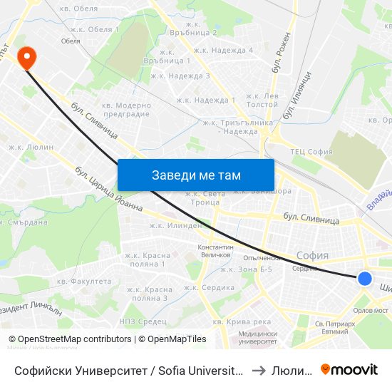 Софийски Университет / Sofia University (1699) to Люлин 1 map
