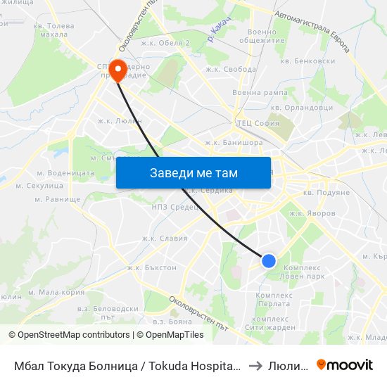 Мбал Токуда Болница / Tokuda Hospital (0206) to Люлин 1 map