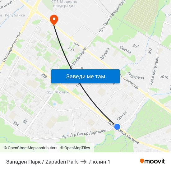 Западен Парк / Zapaden Park to Люлин 1 map