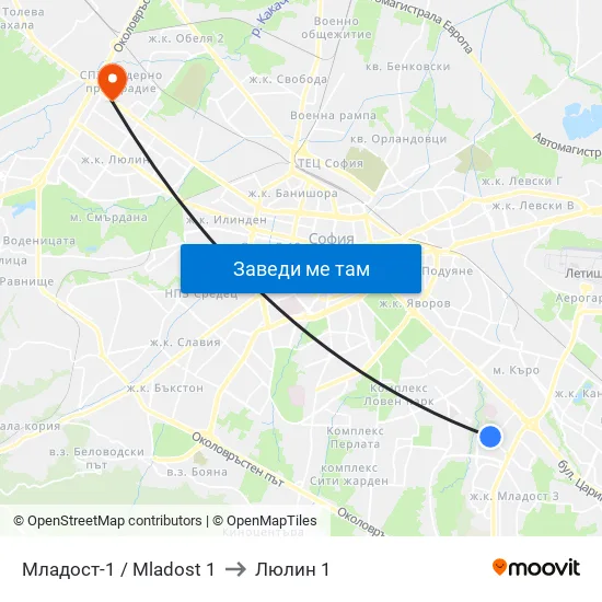Младост 1 / Mladost 1 to Люлин 1 map