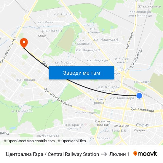 Централна Гара / Central Railway Station to Люлин 1 map