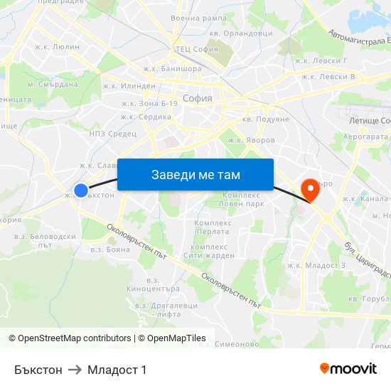 Бъкстон to Младост 1 map