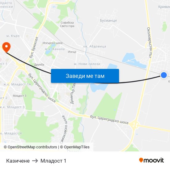 Казичене to Младост 1 map