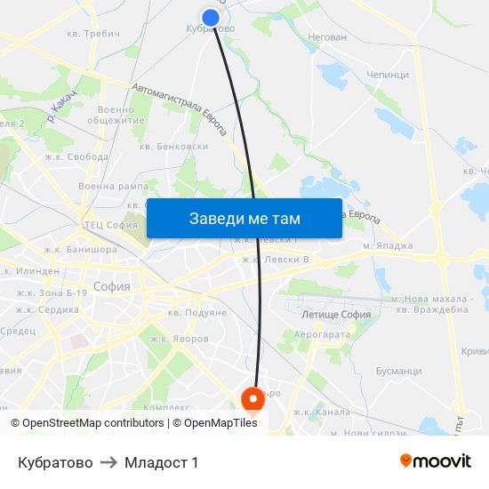 Кубратово to Младост 1 map