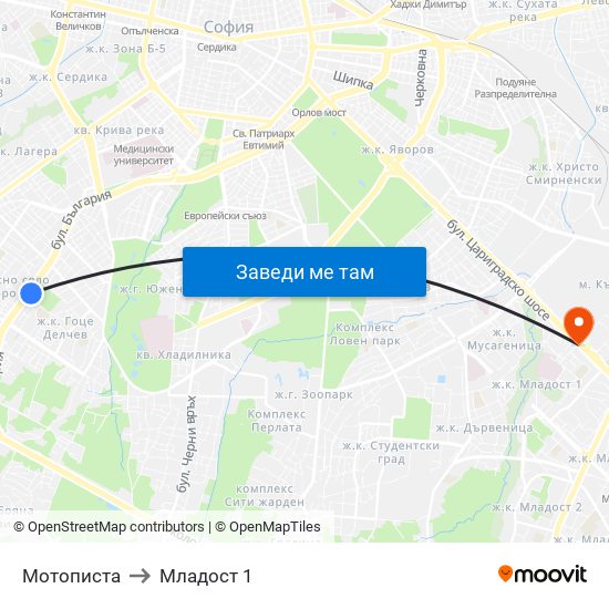 Мотописта to Младост 1 map