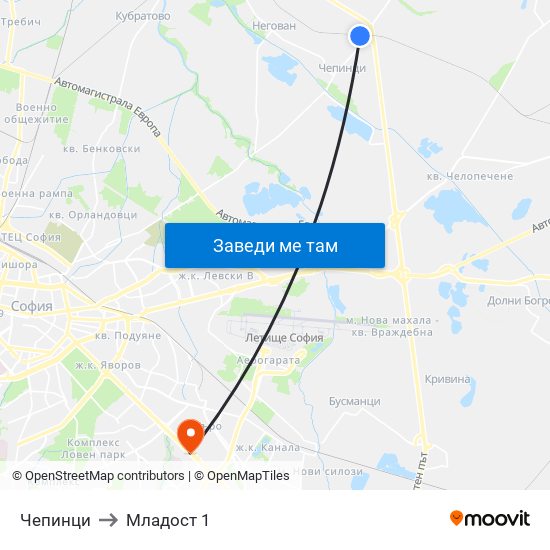 Чепинци to Младост 1 map