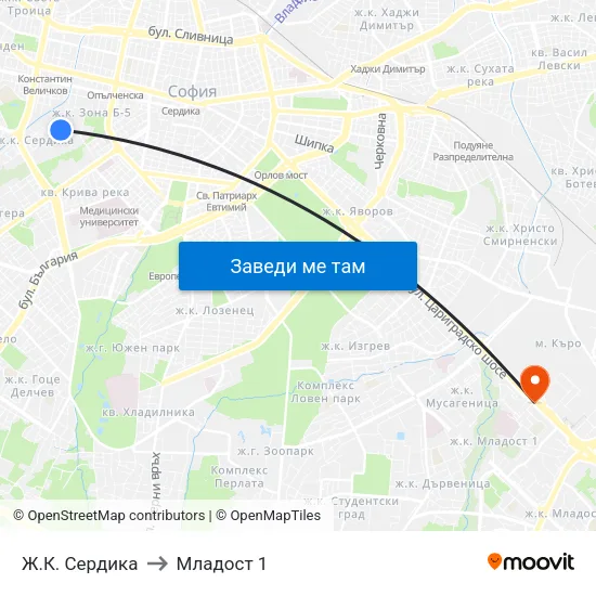 Ж.К. Сердика to Младост 1 map