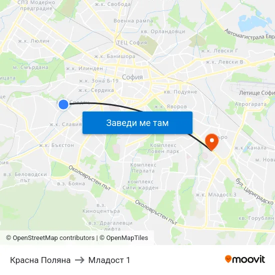 Красна Поляна to Младост 1 map