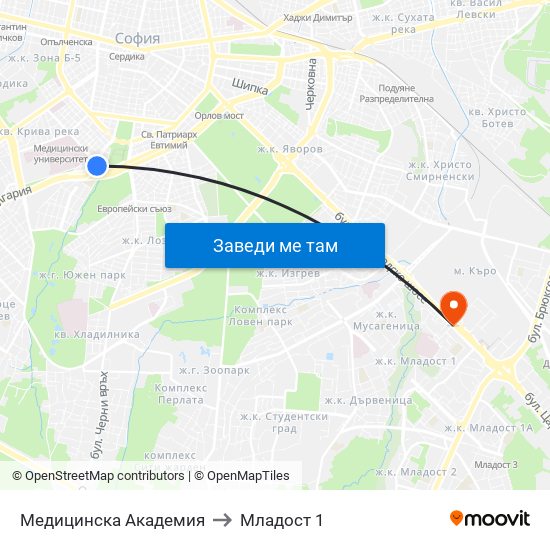 Медицинска Академия to Младост 1 map